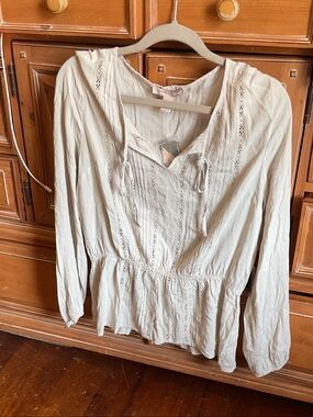 Women's Cream Peasant Blouse with Lace Trim